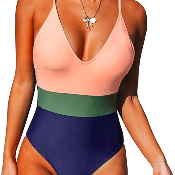 Cupshe one piece bathing suit, XL, colorblock light pink~sage~navy blue - Picture 3 of 4